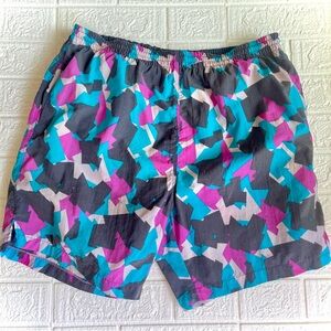 Vintage Early 90’s Pink and Teal Drawstring Mesh Lined Mid Thigh Swim Trunks